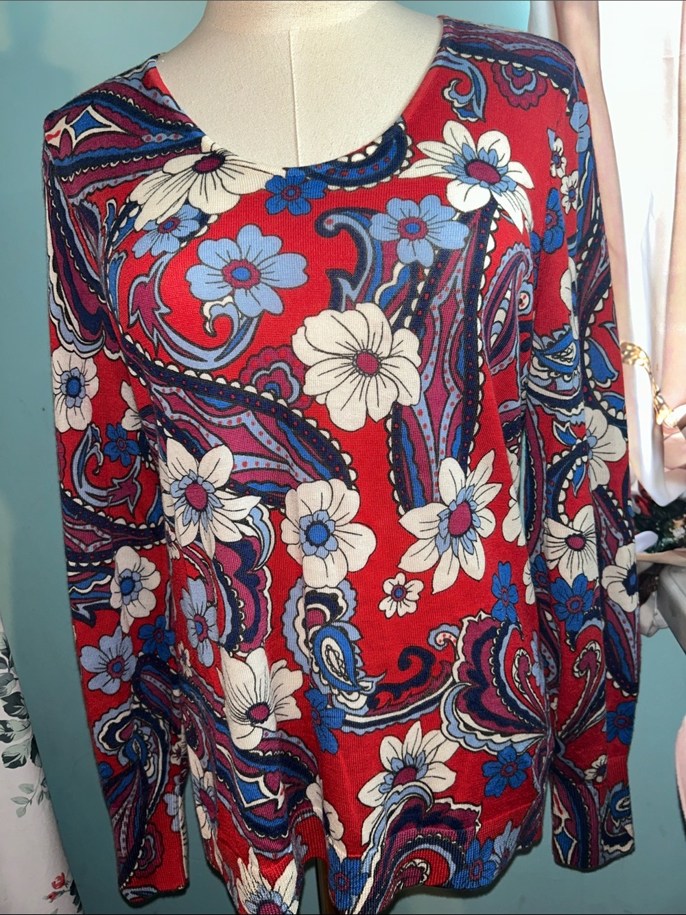 Talbots Red Floral Paisley Long Sleeve Top